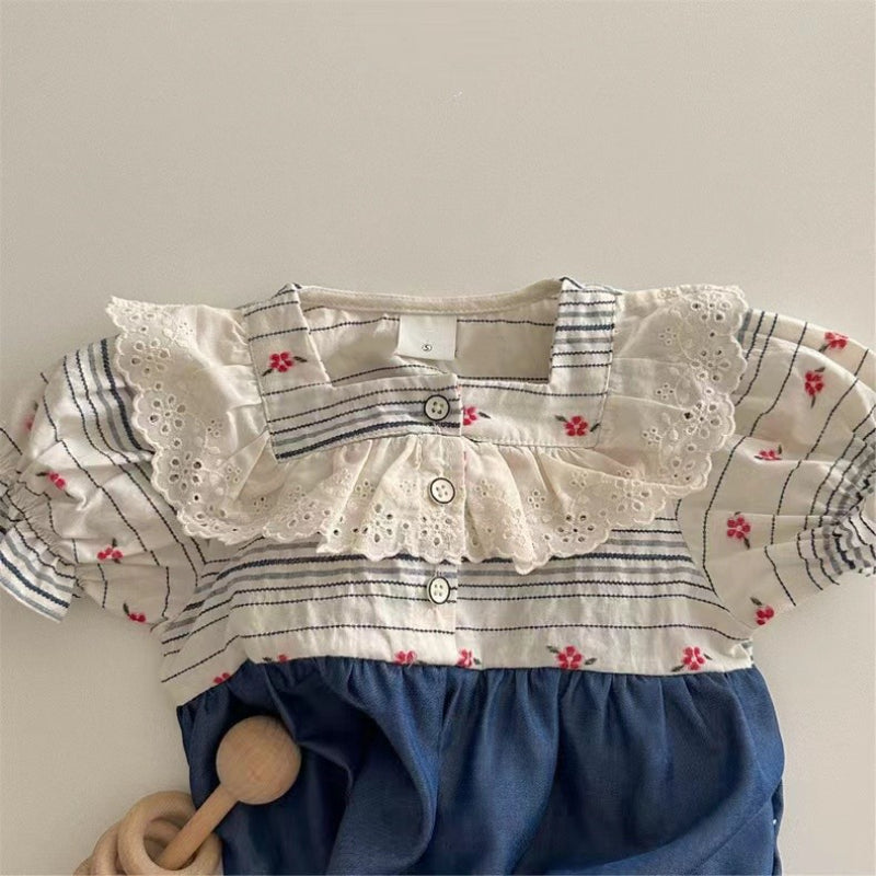 【BABY】夏新作 スクエアネック刺繍ロンパースSK091319
