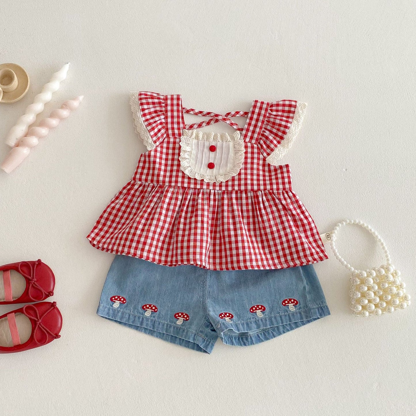 【BABY&KID】夏新作 フリルチェックトップス、ワンピース、デニムパンツSK062321
