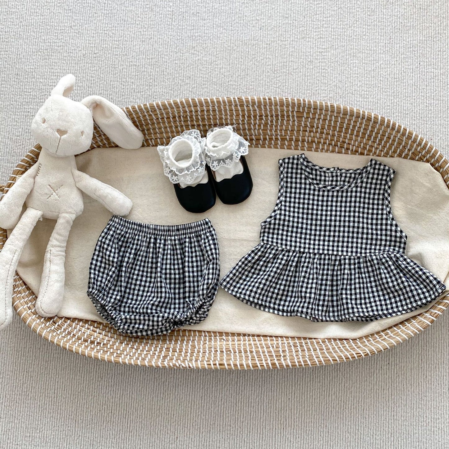【BABY】夏新作 刺繍チェック無袖トップス&ベビーパンツセットアップSK071605