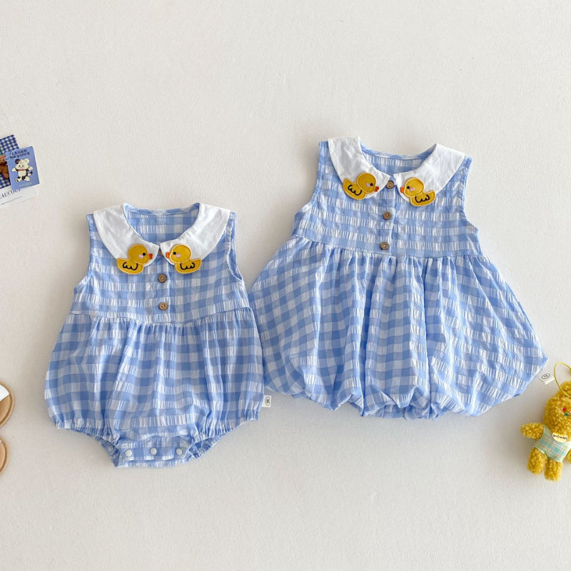 【BABY&KID】夏新作 アヒルブルーチェックロンパース、ワンピース、ベスト、Tシャツ、オーバーオールSK070515