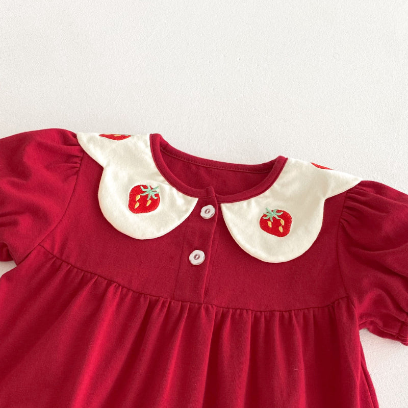 【BABY】夏新作 いちご刺繍パフスリーブロンパースSK092203