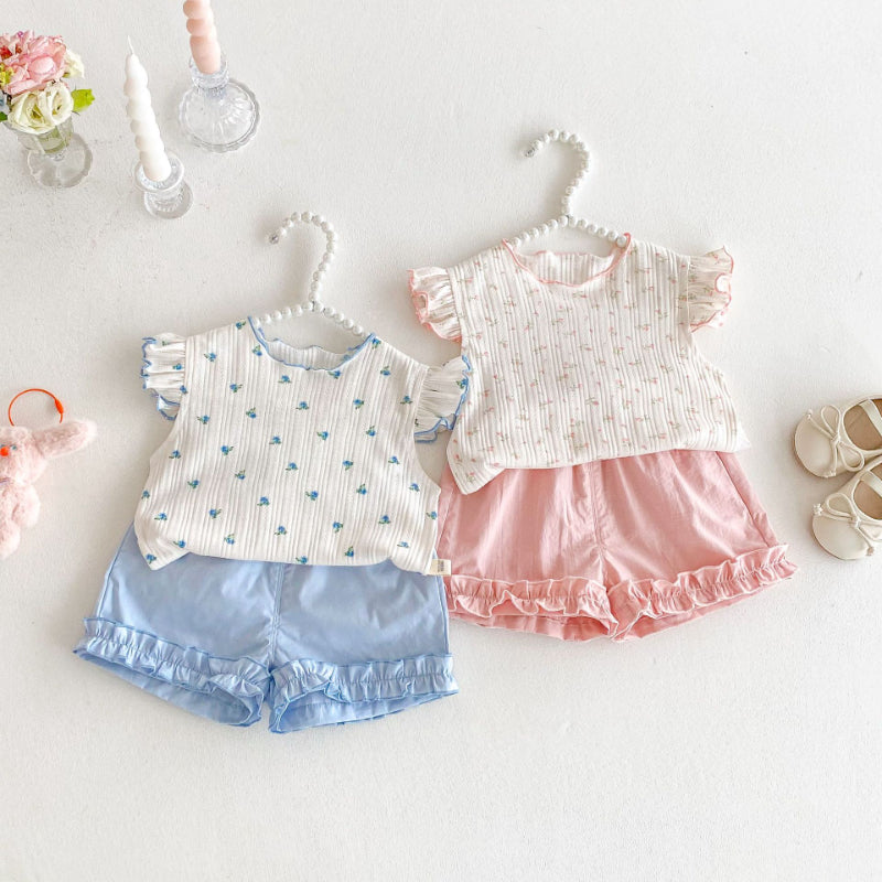 【BABY&KID】夏新作 ニットフリル袖Tシャツ、ョートパンツSK080615