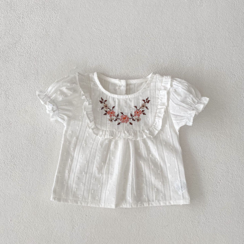 【BABY】夏新作 刺繍入りパフスリーブトップス&フリルショートパンツセットアップSK071919