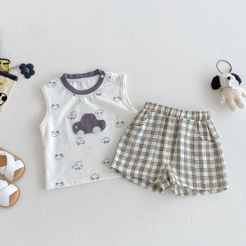 【BABY&KID】夏新作 車ロゴノースリーブ、チェックパンツSK080612