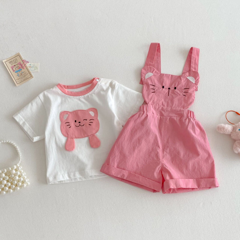 【BABY&KID】夏新作 ネコプリントTシャツ、ワンピ、サロペット、ドットパンツセットSKO71201