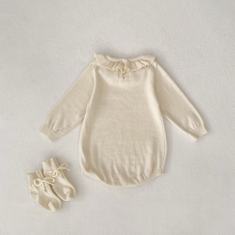 【BABY】フリル襟長袖ニットロンパース、ソックスSK100725