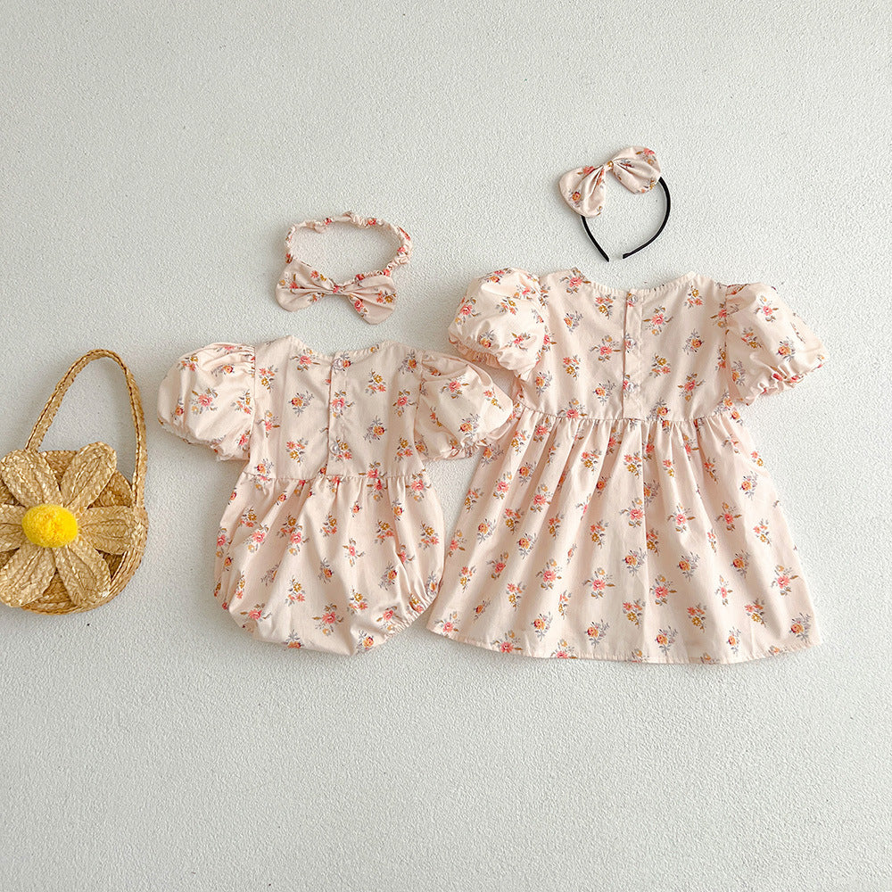 【姉妹服】夏新作 ピンク小花柄ロンパース、ワンピースSK081632