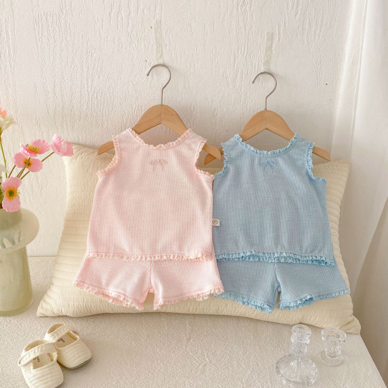 【BABY】夏新作 蝶結び刺繍無地セットアップSK092218
