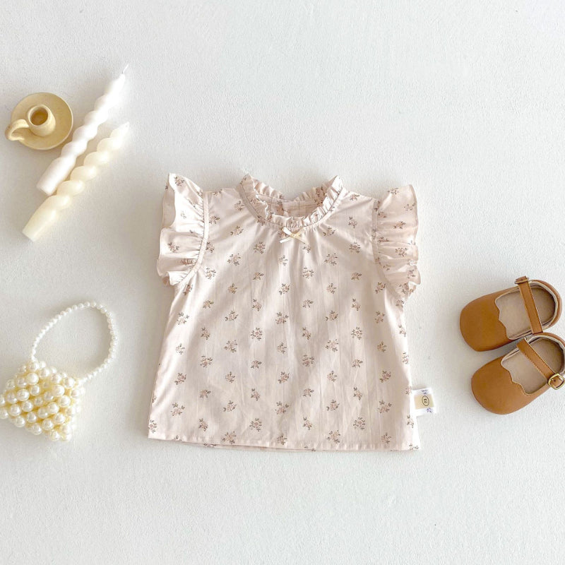 【BABY&KID】夏新作 小花柄ベビーブラウス、可愛いブラウンサロペットSK070611