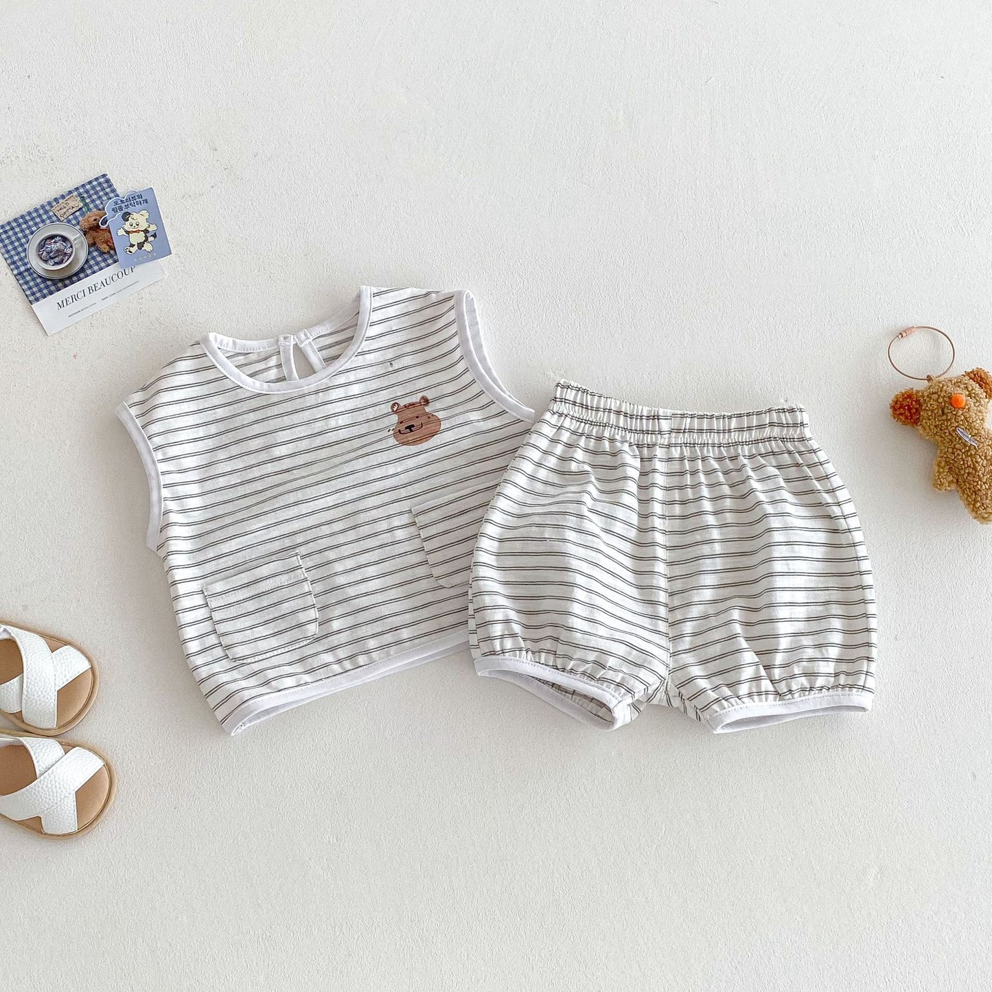 【BABY&KID】夏新作 クマボーダーノースリーブセットアップSKO71214