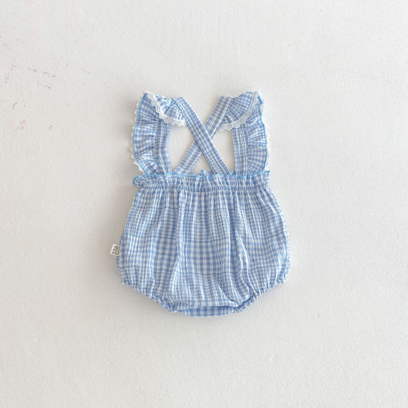 【BABY】夏新作 フリル袖チェックサロペットロンパースSK091924