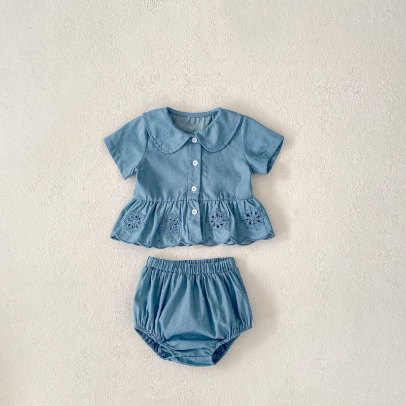 【BABY】夏新作 デニム刺繍トップス&ショーツセットアップSK071915