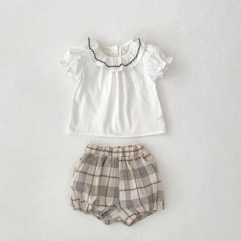 【BABY&KID】夏新作 刺繍フリル襟トップス&チェックショートパンツSK081524