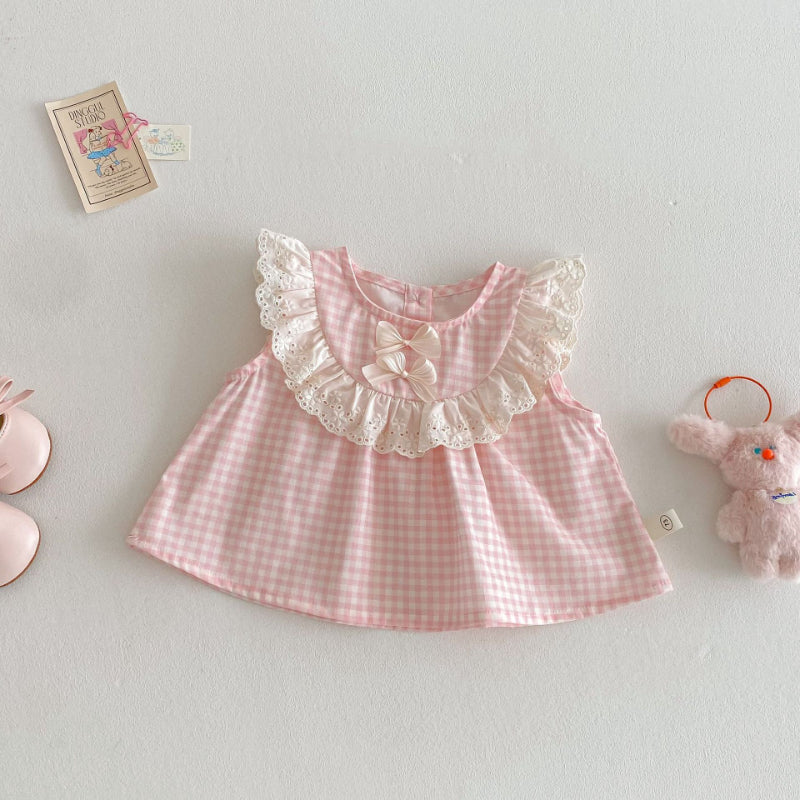 【BABY&KID】夏新作 リボンレースチェックトップス&パンツセットSK070207