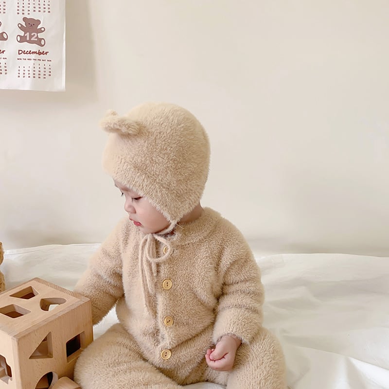 【BABY&KID】冬新作キュートピュアカラーミンクカシミアロンパース クマミミ帽子付きSK11377