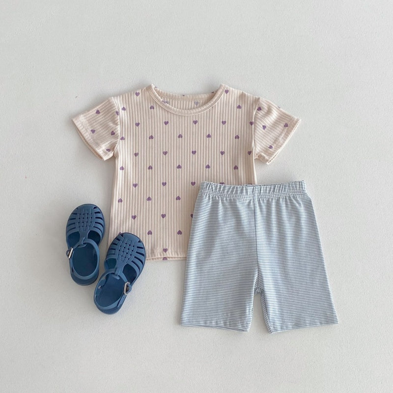 【BABY&KID】夏新作 ハートTシャツ&ボーダーショートパンツSK080212