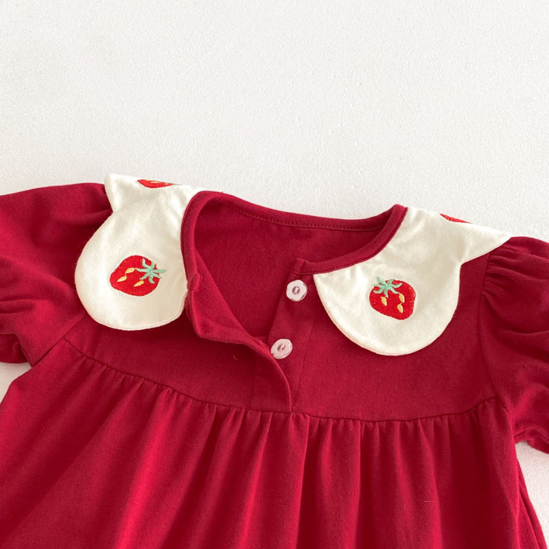 【BABY】夏新作 いちご刺繍パフスリーブロンパースSK092203