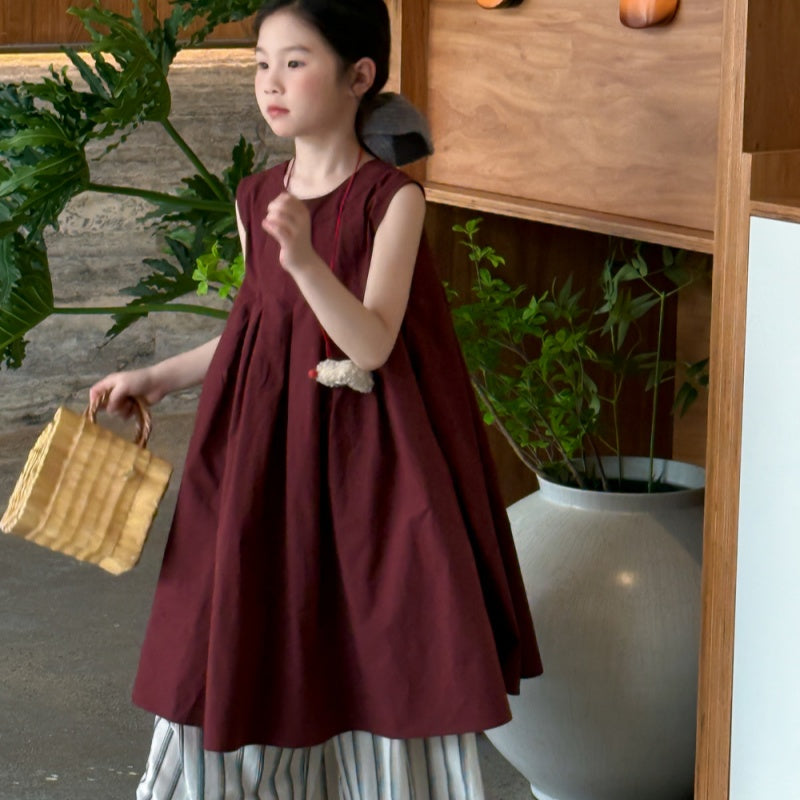 【BABY&KID】夏新作 無地リボンノースリーブワンピース、ボーダーパンツSK080518