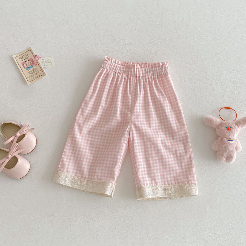 【BABY&KID】夏新作 リボンレースチェックトップス&パンツセットSK070207