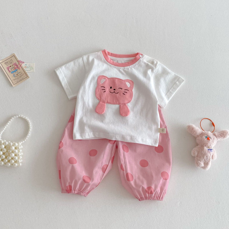 【BABY&KID】夏新作 ネコプリントTシャツ、ワンピ、サロペット、ドットパンツセットSKO71201