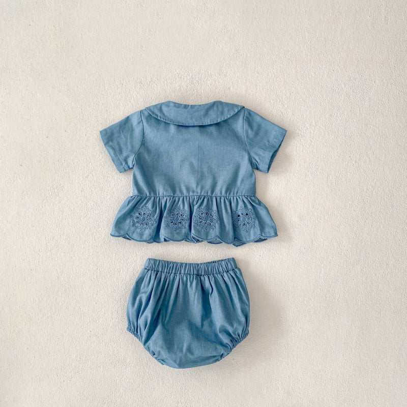 【BABY】夏新作 デニム刺繍トップス&ショーツセットアップSK071915
