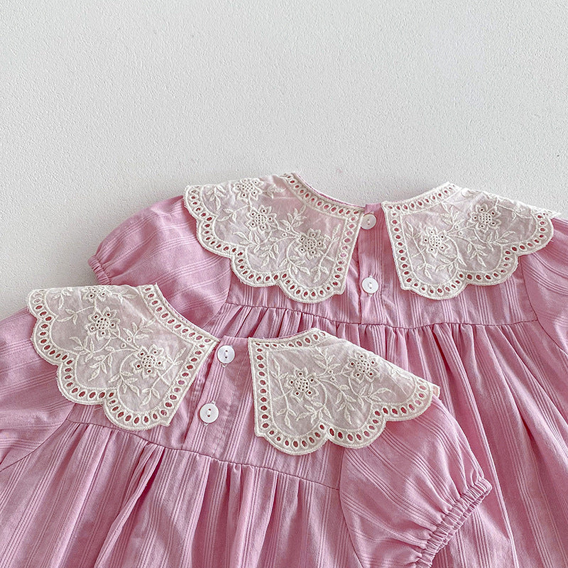 【姉妹服】夏新作 レース刺繍襟ロンパース、ワンピースSK081627