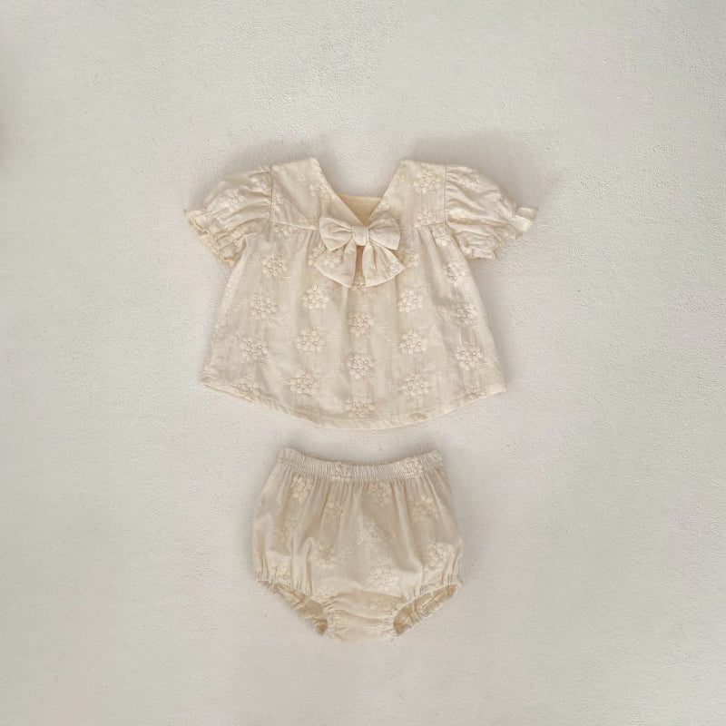 【BABY】夏新作 刺繍トップス&リボンショートパンツセットアップSK071913