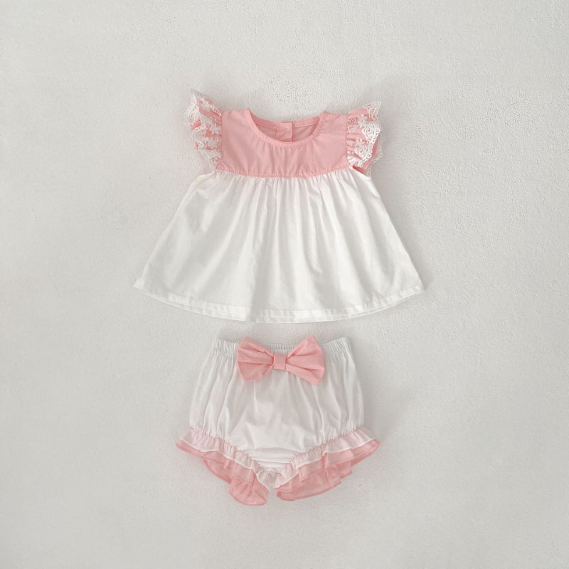 【BABY&KID】夏新作 バイカラーフリル袖トップス&ショートパンツSK081525