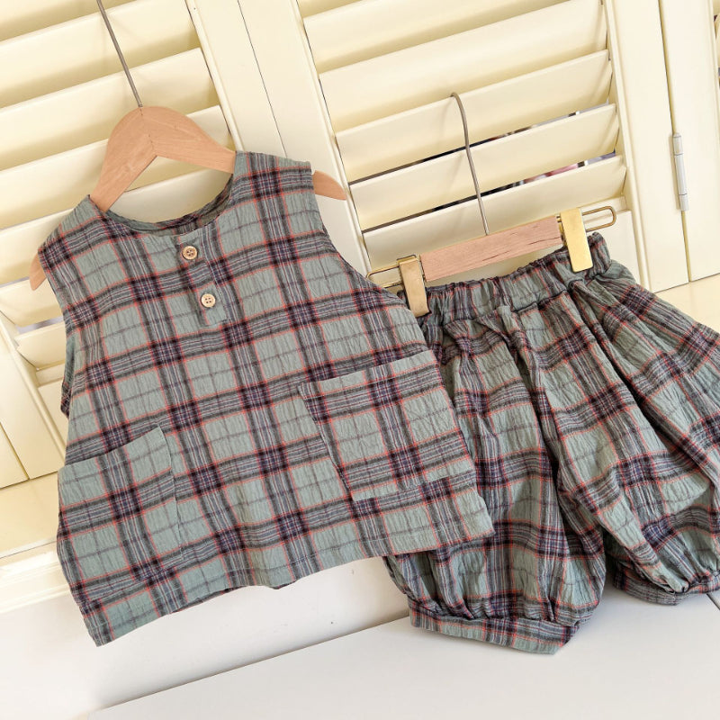 【BABY&KID】夏新作 ポケット付きチェックセットアップSK072107