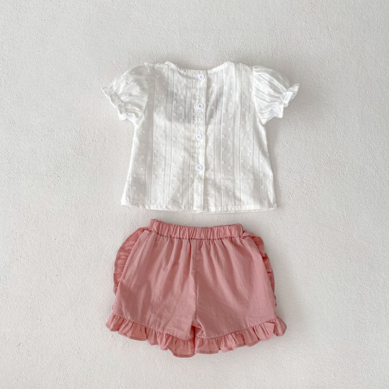 【BABY】夏新作 刺繍入りパフスリーブトップス&フリルショートパンツセットアップSK071919