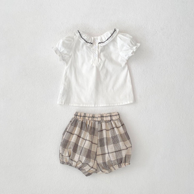 【BABY&KID】夏新作 刺繍フリル襟トップス&チェックショートパンツSK081524
