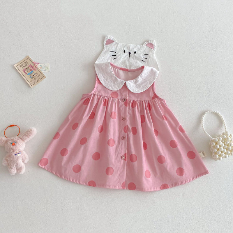 【BABY&KID】夏新作 ネコプリントTシャツ、ワンピ、サロペット、ドットパンツセットSKO71201