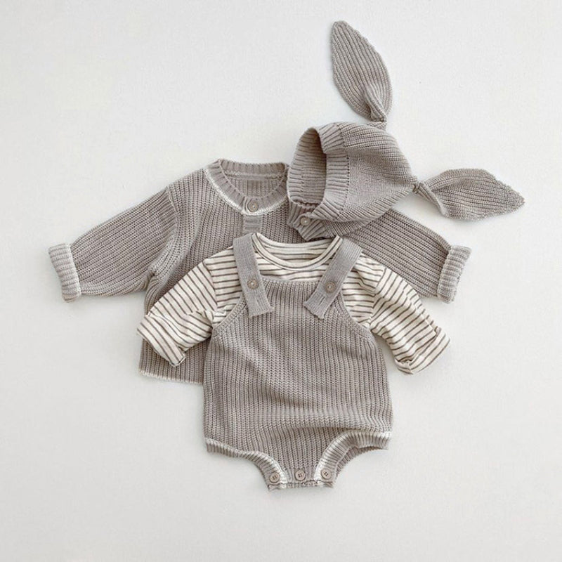 【BABY】無地ニットカーディガン、サロペットロンパース、大きな耳帽子SK101529