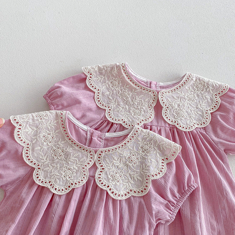 【姉妹服】夏新作 レース刺繍襟ロンパース、ワンピースSK081627