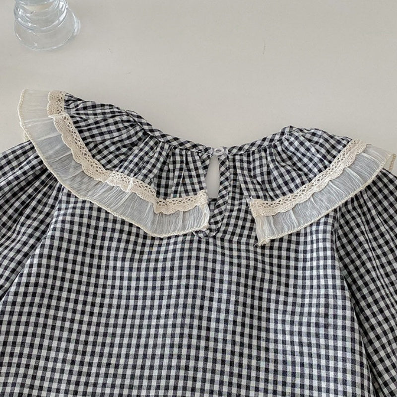 【BABY】チェックレースブラウス、ベージュワイドパンツSK101430