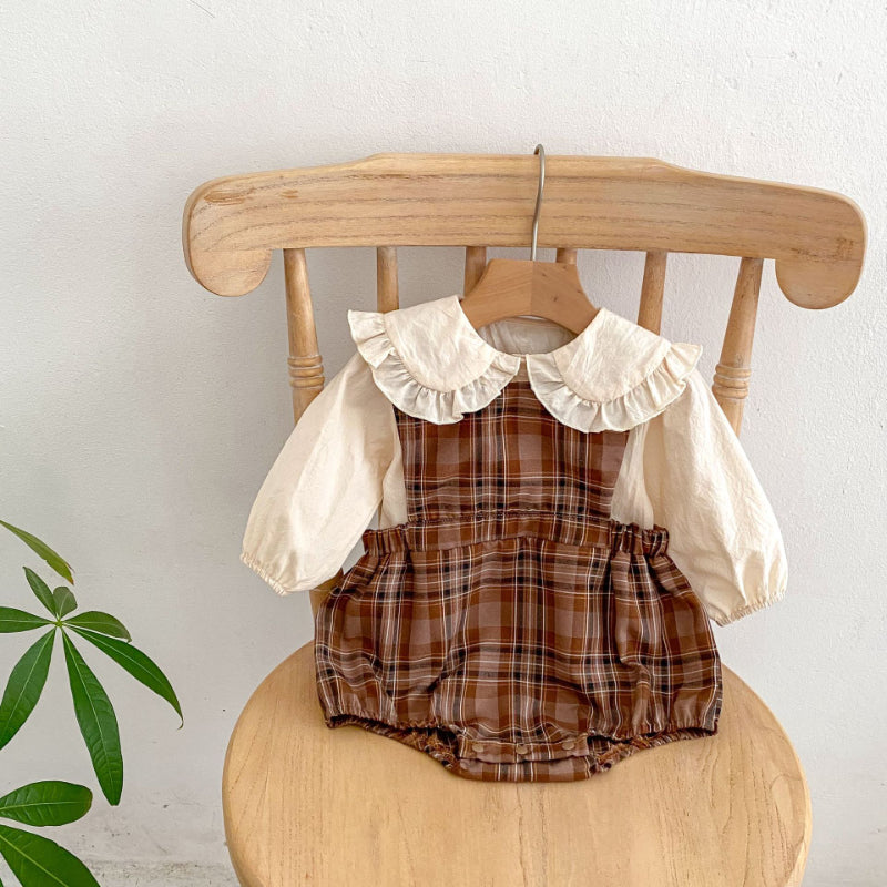 【BABY】レトロチェックサロペットロンパース、フリル襟ブラウスSK101910