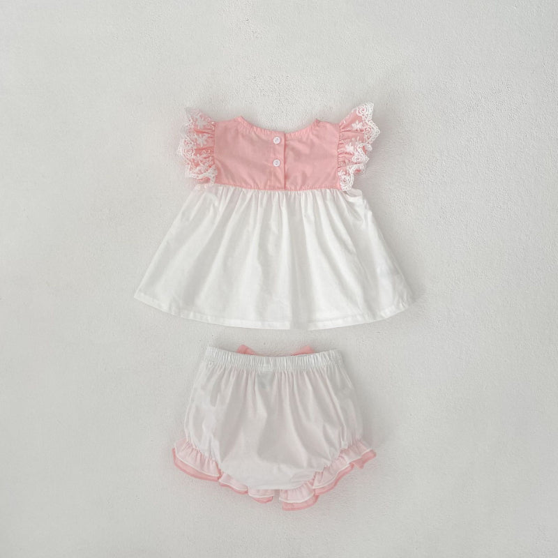 【BABY&KID】夏新作 バイカラーフリル袖トップス&ショートパンツSK081525
