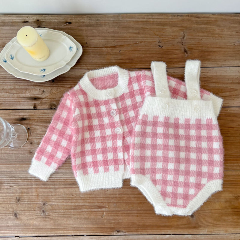 【BABY】チェックサロペットロンパース、カーディガンSK101535