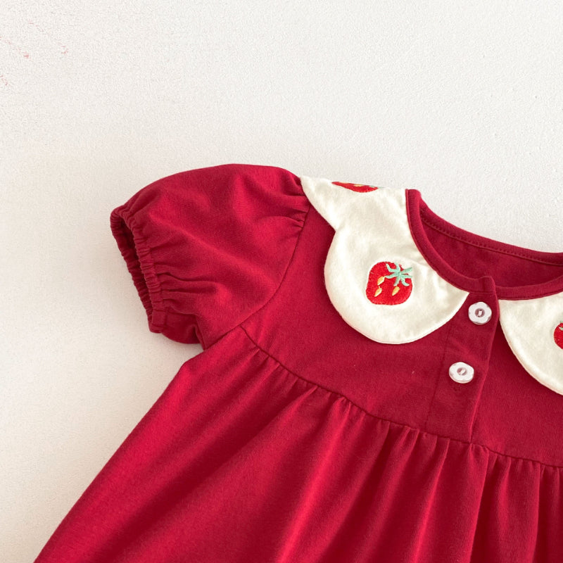 【BABY】夏新作 いちご刺繍パフスリーブロンパースSK092203