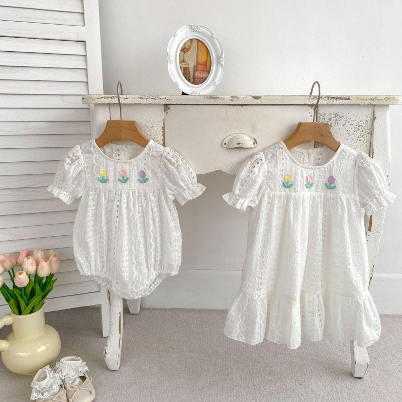 【BABY&KID】夏新作 チューリップレース刺繍ロンパース、ワンピースSK071934
