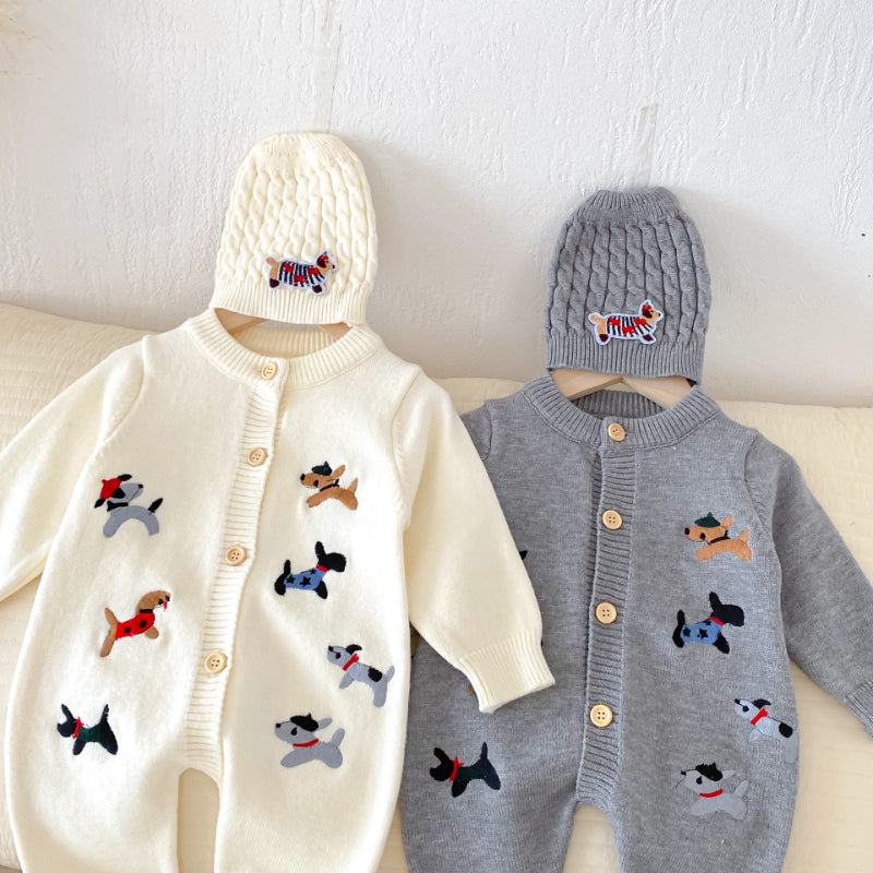 【BABY】ワンちゃん刺繍ニットカバーオール&帽子SK092505