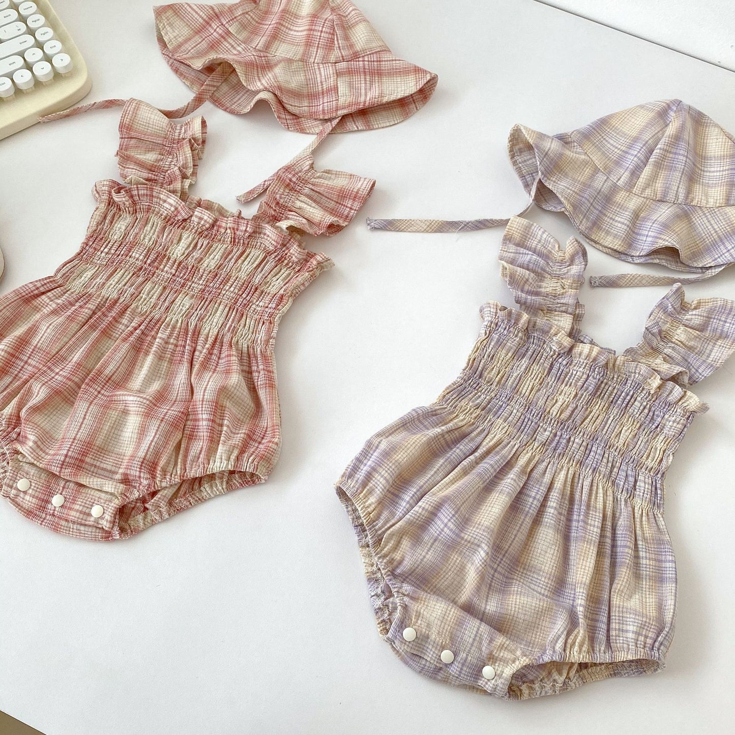 【BABY】夏新作 フリルスクエアネックロンパース&帽子SK071305