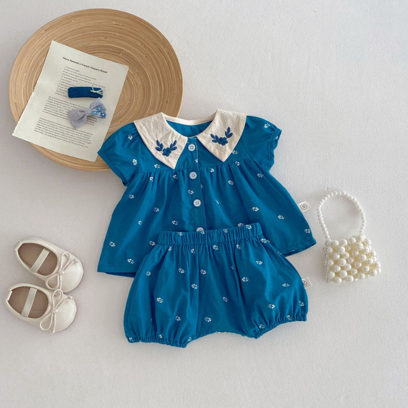 【BABY】夏新作 フラワー刺繍襟セットアップSK072604