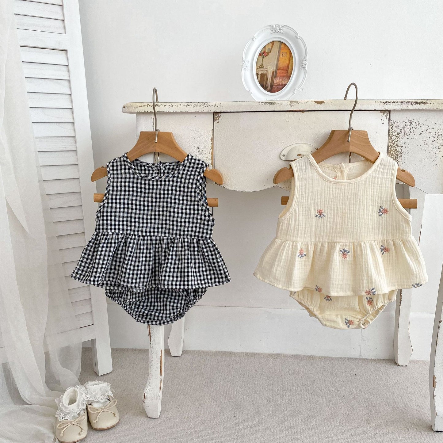 【BABY】夏新作 刺繍チェック無袖トップス&ベビーパンツセットアップSK071605