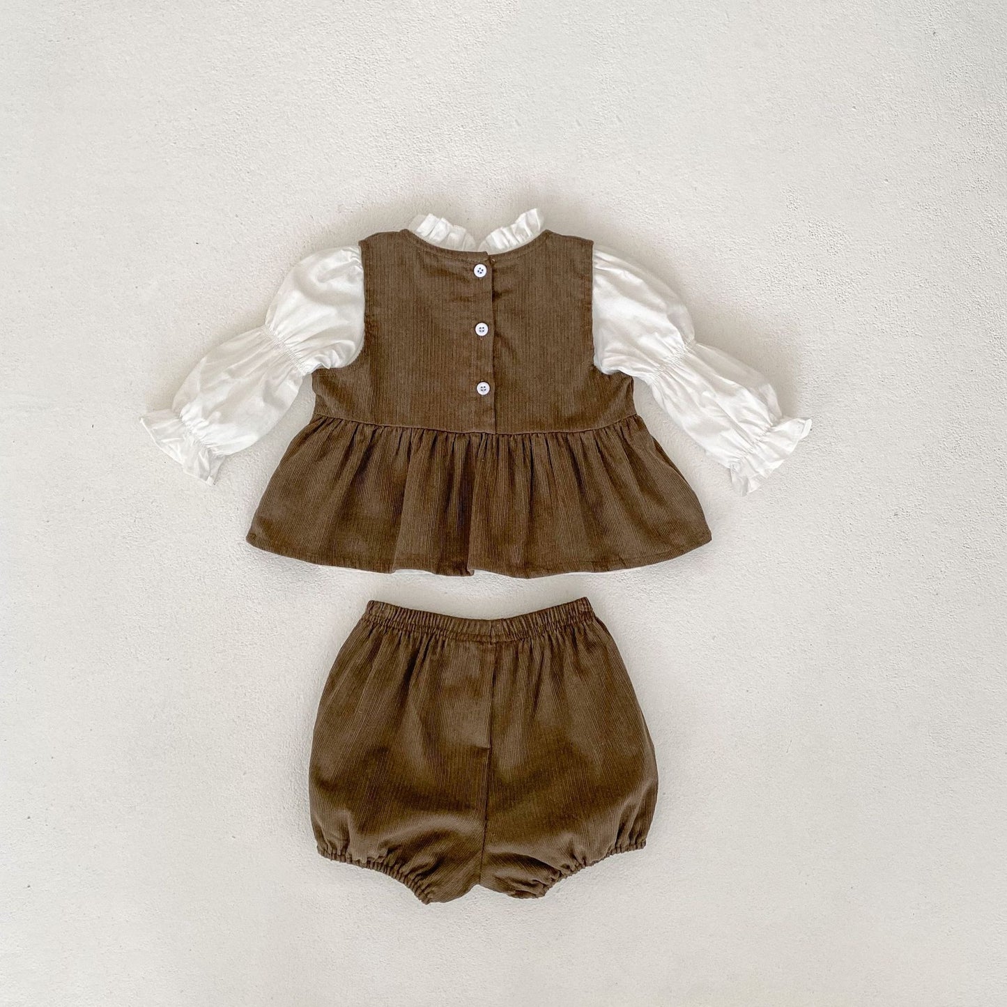 【BABY&KID】コーデュロイアニマル刺繡ベスト&ブルマ、ホワイトトップスSK031301