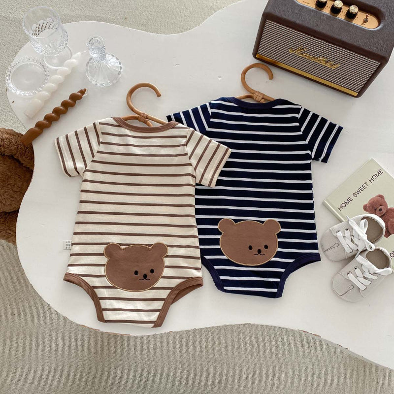 【BABY】夏新作 ストライプのカートゥーンベアロンパースSK091322