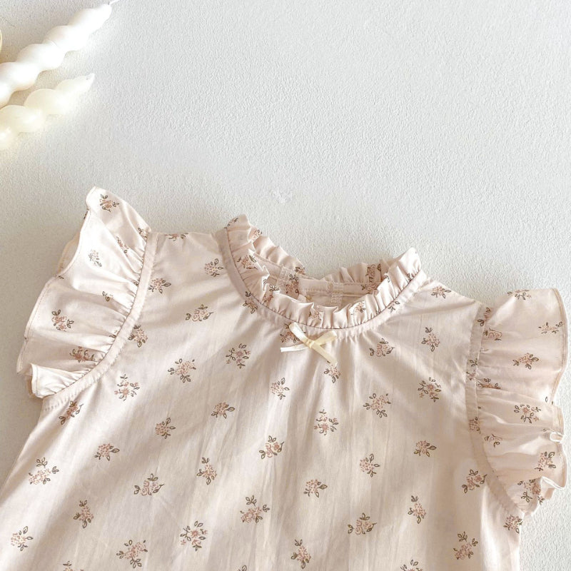 【BABY&KID】夏新作 小花柄ベビーブラウス、可愛いブラウンサロペットSK070611