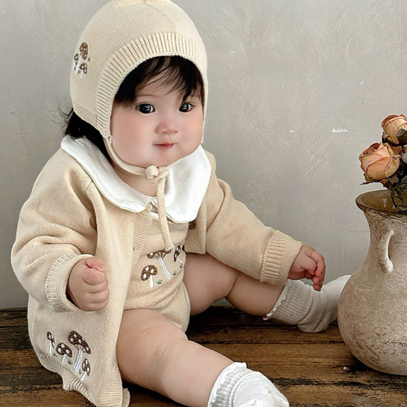 【BABY】きのこ刺繍サロペットロンパース、カーディガンSK101814