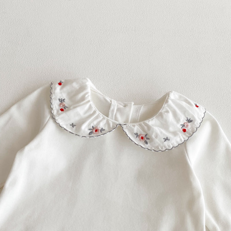 【BABY】リボンクルーネックロンパース、花刺繍カラーTシャツSK100741