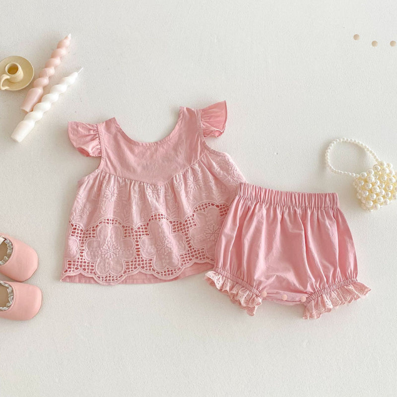 【BABY】夏新作 刺繍フリル袖セットアップSK080601